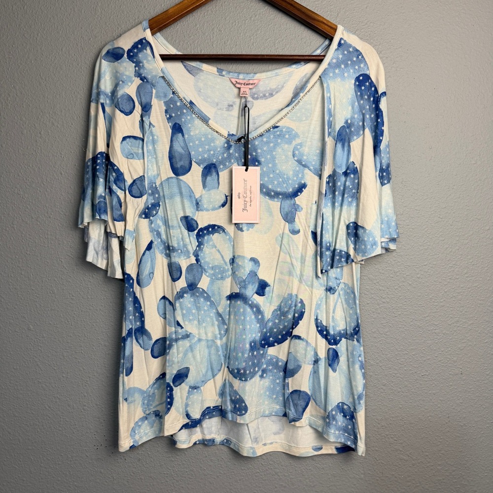 Juicy Couture Silver Shimmer Watercolor Daisy Blues Cactus Rhinestone Top XL NWT